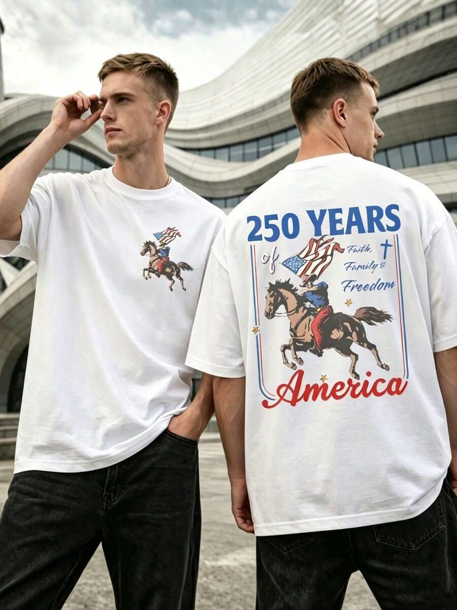 USA 250 Years Of America Cowboy And Horse Graphic T-Shirt, Patriotic With Faith, Family And Freedom, 4th Of July Front And Back Print, Men's Casual Cotton T-Shirt - 白色 - 查看 1