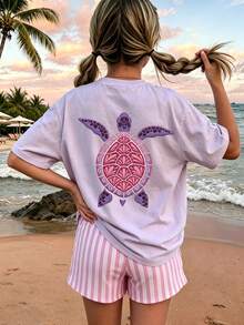 1pc Tween Girl Sea Turtle Print Short Sleeve T-Shirt, Student Youth Clothing, Summer Gift - Purple - View 2