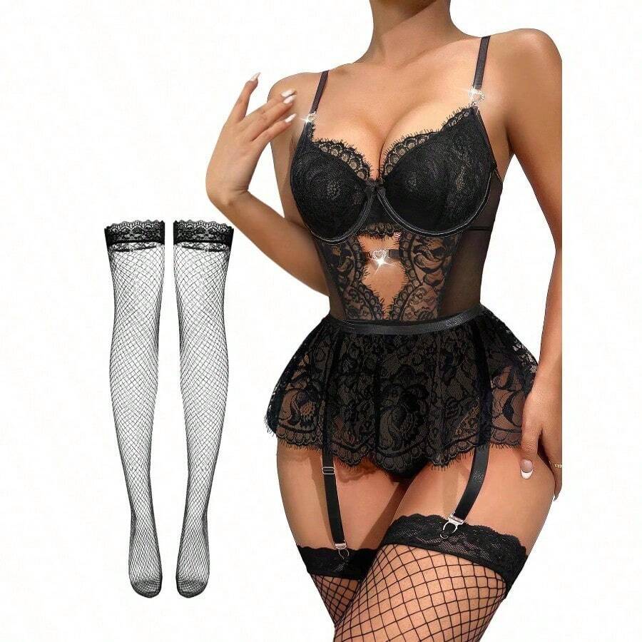 Lilosy Sexy Stocking Rhinestones Heart Garter Underwire Floral Mesh Lace Sheer Babydoll Lingerie Teddy Bodysuit Skirt Set - 花卉黑 - 查看 1