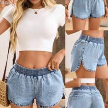 yonghongmaoyi1  Pantalones cortos vaqueros casuales y versátiles con cintura elástica y holgada para mujeres - Lavado ligero - Ver 1