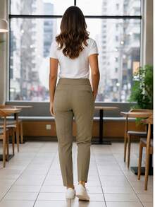 Women's Twill Pants With Front Crease And Elastane - Khaki - View 2