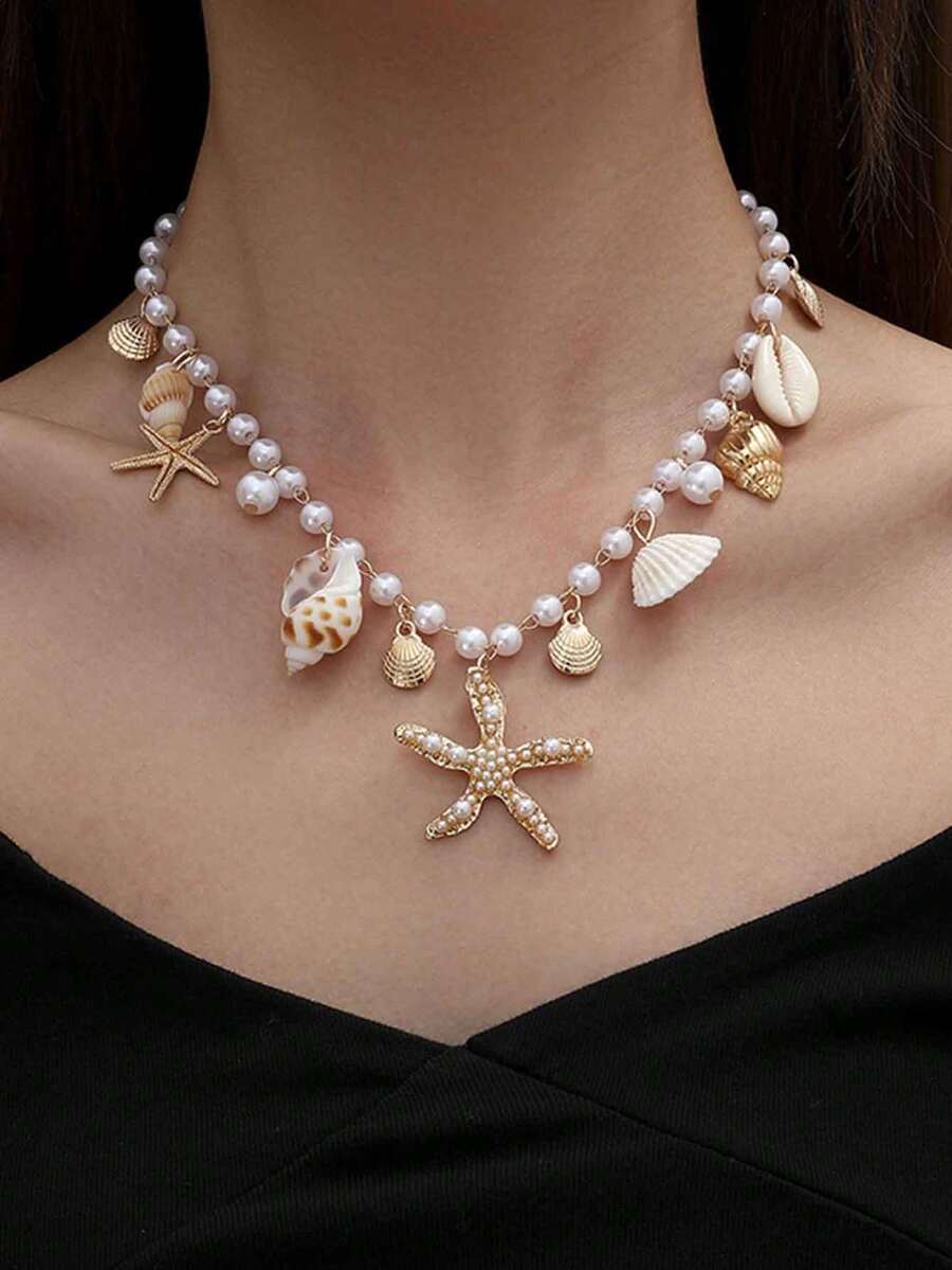 1pc Fashion ZA Pendant Necklace, Vintage Bohemian Beach Style, Starfish, Shell, Turtle And Multi-Pendant Design, Layered Collarbone Chain, Party/Holiday Gift, Versatile Accessory