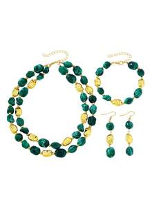 4pcs/Set Fashion Elegant Acrylic Asymmetrical Geometric Beaded Pendant Bracelet Necklace Earrings Set, Suitable For Women's Daily Summer Vacation Party Holiday Wear - Green - View 6