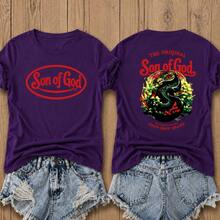 Women's Casual Purple Cotton Short Sleeve T-Shirt With Unique Front And Back Graphic Print, Round Neck Regular Fit Top For Summer - Purple - View 1