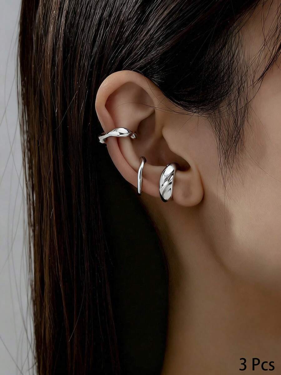 3pcs/Set Minimalist Gold Metal Clip-On Earrings Set, Women Clip Earrings - Silver - View 1