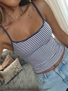 大码女式夏季休闲时尚针织条纹吊带背心 - 藍白條紋 - 查看 8