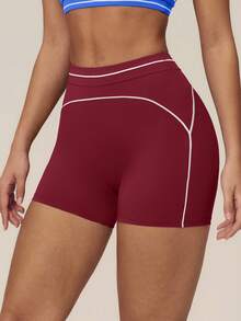 TimeOff Women's 1pc Contrast White Line High Waist Tummy Control Sports Shorts - Burgundy - View 9