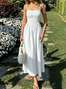 女款優雅淺藍色百褶修身長洋裝，夏季度假海灘洋裝、婚禮賓客洋裝、畢業派對洋裝，適合下午茶與日常通勤夏季洋裝 - 白色 - 查看 7