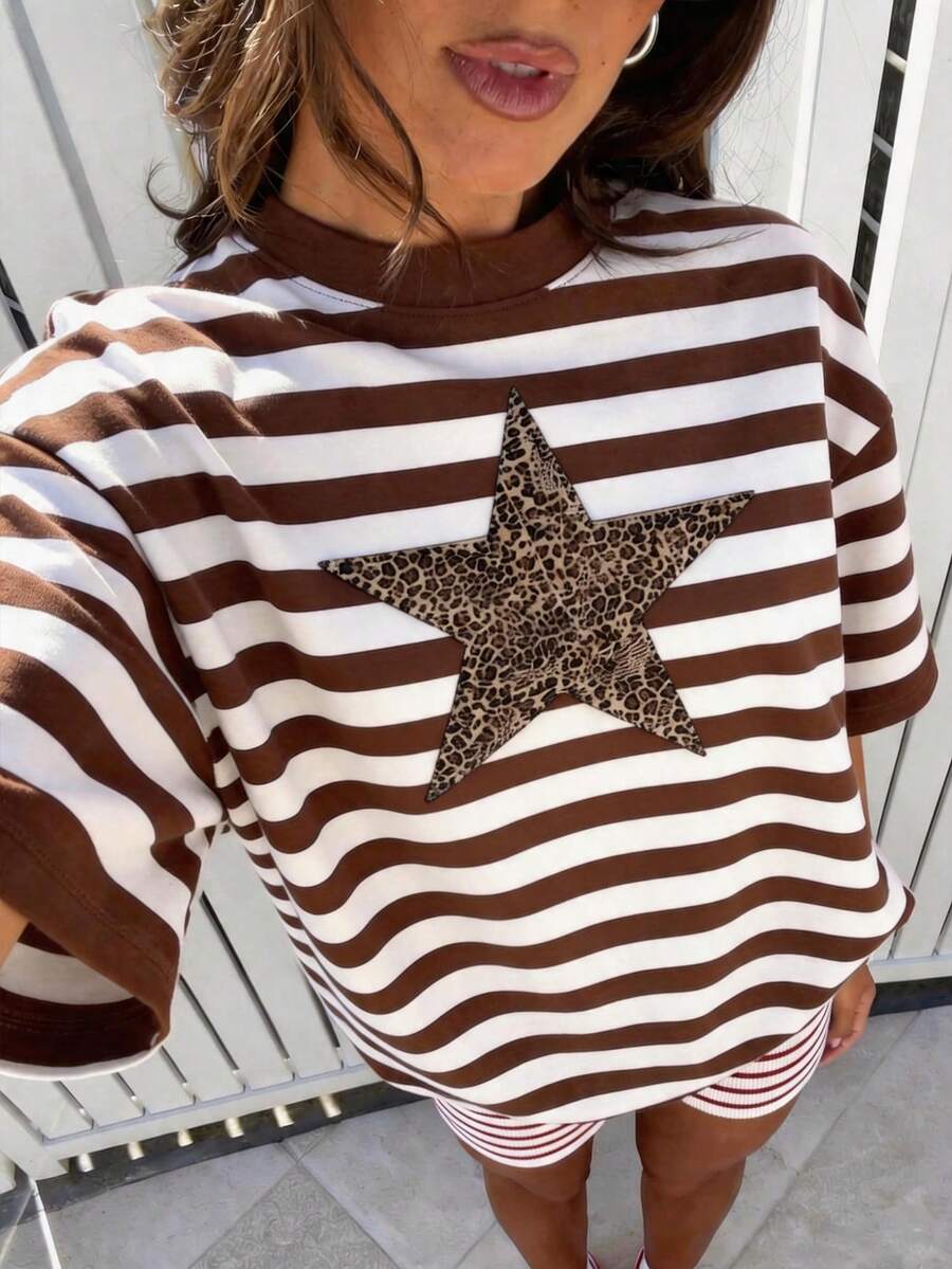 Brown Striped Contrast Leopard & Pentagram Classic Print Summer Clothes For Women, Women's Casual Round Neck Short Sleeve Minimalist T-Shirt - Multicolor - View 1