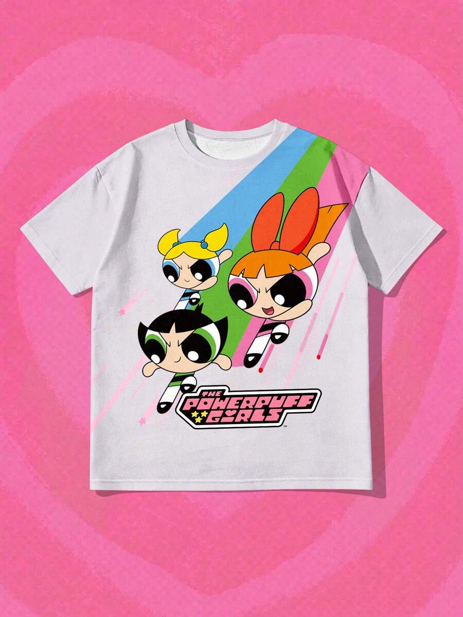 SHEIN X Powerpuff Girls Women's Cute Printed Loose Blouse - Adorable Casual Relaxed Style, Suitable For Daily Wear And Matching Summer - Multicolor - View 1