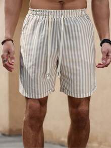 Men's Casual Vertical Striped Loose Fit Fashion Beach Vacation Summer Shorts - Khaki - View 1