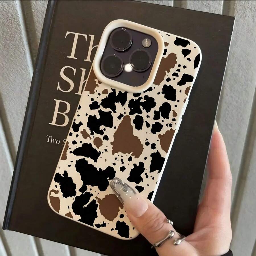 TPU Cow Print Pattern 1pc TPU Material Fashionable High-End Contrast Color Cow Print Pattern Phone Case Compatible With Iphone 17 Pro Max/17/16 Pro Max/15/13/12/11, , Full Coverage Anti-Drop Soft Shell Phone Protective Cover, - White - View 1