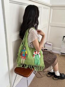 1個撞色魚形大容量肩背托特包，時尚鉤編包，波希米亞風女款海邊度假日常百搭款 - 綠色 - 查看 1