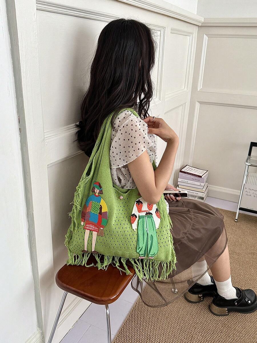 1個撞色魚形大容量肩背托特包,時尚鉤編包,波希米亞風女款海邊度假日常百搭款 - 綠色 - 查看 1