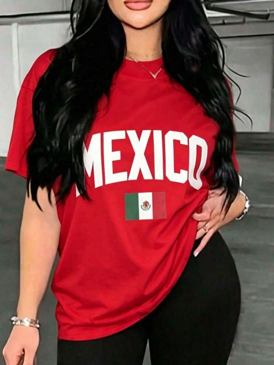 Women's Blouses, Plus Size Soft Cotton T-Shirt For Women With Mexican Flag Print, Gift For Travel Lovers, Fashionable Outfit, Summer Dresses For Women - 紅色 - 查看 1