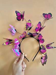 1 pieza Diadema de flores artificiales con mariposas estilo Mori para mujer, accesorio para el cabello de boda, aro para la cabeza, adecuado para festivales y fiestas - Multicolor - Ver 6