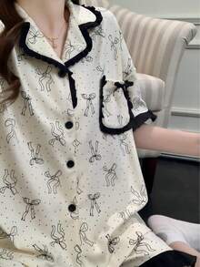 2件組女款睡衣套裝，蝴蝶印花短袖短褲，休閒舒適時尚，適合春/夏居家穿著 - 香檳色 - 查看 9