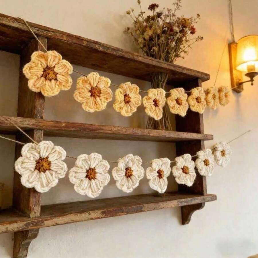 1 Set Handmade Crochet European And American Vintage Style Daisy Wreath, Premium Polyester Material, White Daisy Wreath Set | Cute Floral Decorative Hanging Ornament, Suitable For Baby Shower, Wedding, Birthday Party, Living Room Decor, Bedroom Decor, Room Decor, Home Decor, Wall Decor, Patio Decor, Essential Decoration For Mother's Day, Theme Party Decor, Holiday Decor, Back To School Season, Exquisite Gift For Partner, Girlfriend, Best Friend, Colleague. - Multicolor - View 1