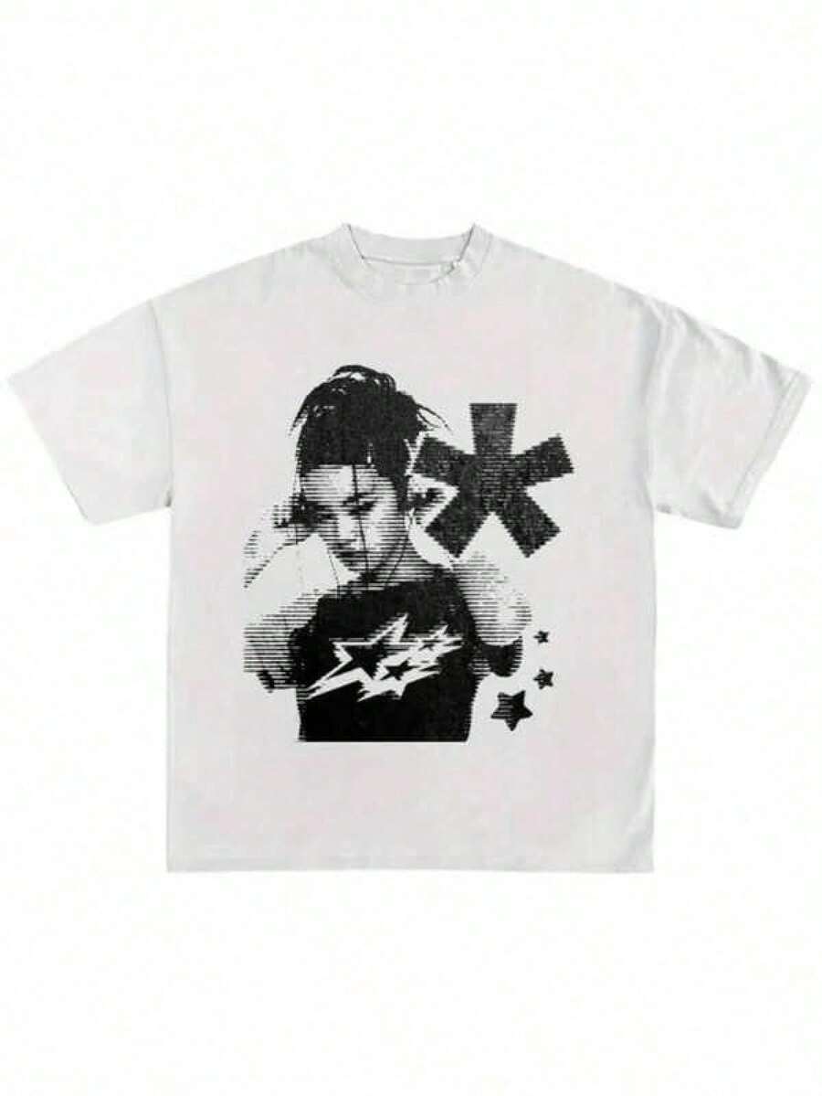 1pcs, Men's Y2K Printed Tee, 100% Pure Cotton, Round Neck Short Sleeve, Loose Comfy Fit, Retro Street Style, Daily Summer Wear, Sizes Up To 3XL - 白色 - 查看 1