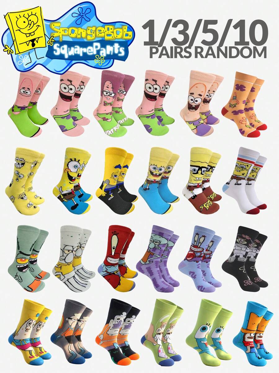 SpongeBob SquarePants 1/5/10雙襪子套組,多款卡通角色圖案中筒襪,中性款,趣味印花,適合日常穿著與送禮 - 彩色 - 查看 1