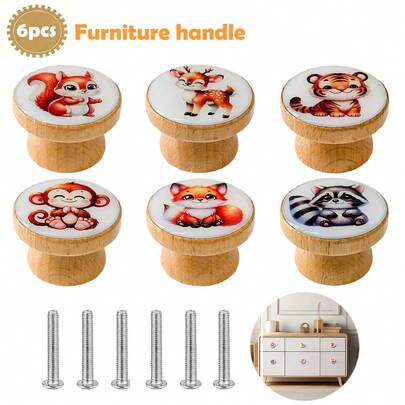 6 chiếc tay nắm nội thất gỗ sồi gai thủ công sáng tạo họa tiết nghệ thuật series động vật rừng kèm vít, núm ngăn kéo tủ bếp, tay kéo tủ đơn lỗ bằng gỗ