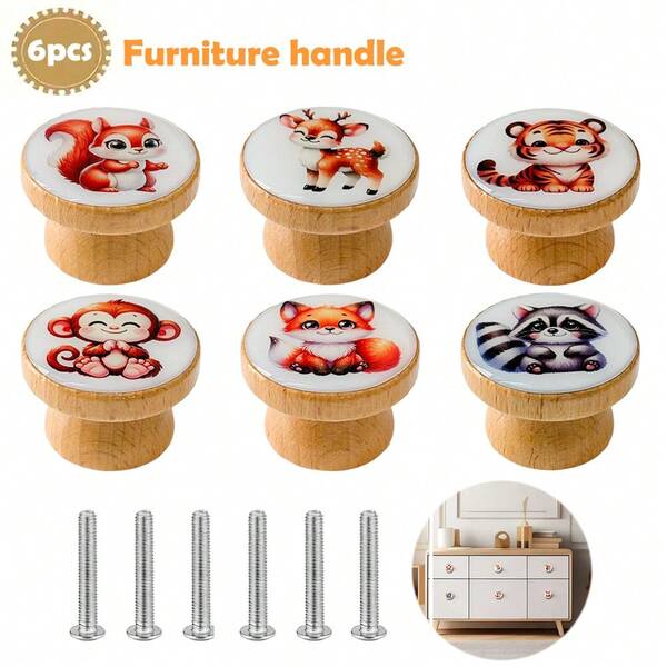 6Pcs Creative Handmade Beech Wood Forest Animals Series Art Pattern Furniture Handles With Screws Dresser Knob Kitchen Cabinet Pulls Wooden Single Hole Drawer Knobs