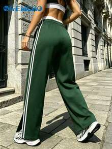GEMCHO Women's Sports Pants, Knitted Fabric, Slightly Elastic, Ankle Slit, Striped Webbing, Casual Running Pants, Campus Style - Dark Green - View 3