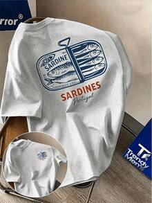 Short-Sleeved T-Shirt With Vintage Portuguese Canned Sardine Print, Nautical Style, New Summer Style,  Printed Short-Sleeved T-Shirt For Men, Casual Wear - 白色 - 查看 9