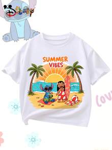 Disney Officially Licensed Lilo & Stitch Summer Casual Loose-Fitting T-Shirt, Vacation Style, Suitable For Casual Outings And Everyday Wear, Unisex. - 白色 - 查看 2