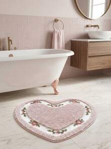 1pc Rose Flower Heart-Shaped Doormat, Pink Faux Wool Absorbent Bath Mat, Bathroom Rug, Small Carpet For Home & Garden - A - View 8
