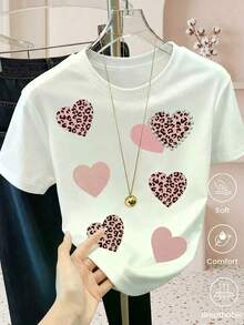 Camiseta informal negra de manga corta para mujer con apliques de corazones con estampado de leopardo rosa y adornos de perlas, top de poliéster de corte regular con cuello redondo y ligeram - Blanco - Ver 1