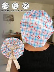 Gorro de dormir de satén de doble capa con bloques de color, gorro para peluca - Sombrero de satén a cuadros cereza con lazo - Ver 5