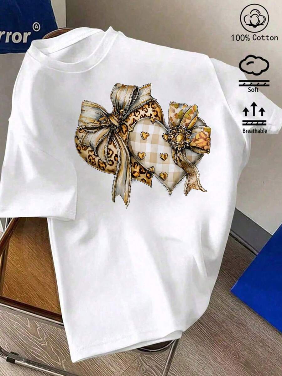 Camiseta estampada con corazón de leopardo y letras LOVE, estilo boho retro aesthetic, manga corta, cuello redondo, verano - Blanco. - Ver 1