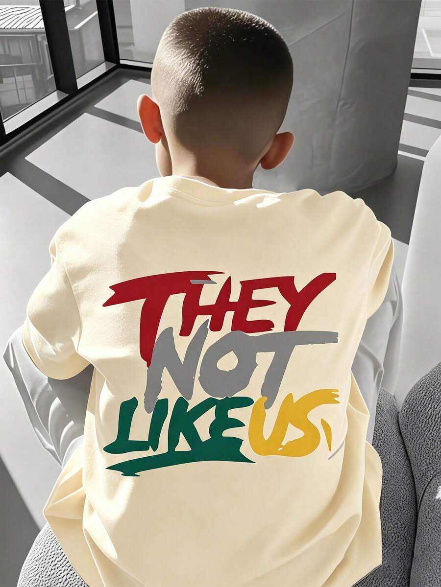 青少年男童标语印花短袖T恤,青少年男童夏季圆领休闲衬衫 - 杏色 - 查看 1