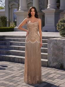 Modphy Gaun Maxi Wanita Seksi Tanpa Lengan dengan Pita Chiffon yang Dapat Dilepas dan Hiasan Rhinestone, Gaun Pesta Malam Formal, Gaun Pengikat, Gaun Pernikahan. - Aprikot - View 2
