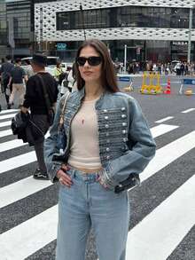 GMFP 女款春夏秋季優雅時尚辣妹立領短版水洗做舊牛仔夾克 軍裝風外套 日假期季節 世界盃 - 藏蓝色 - 查看 7