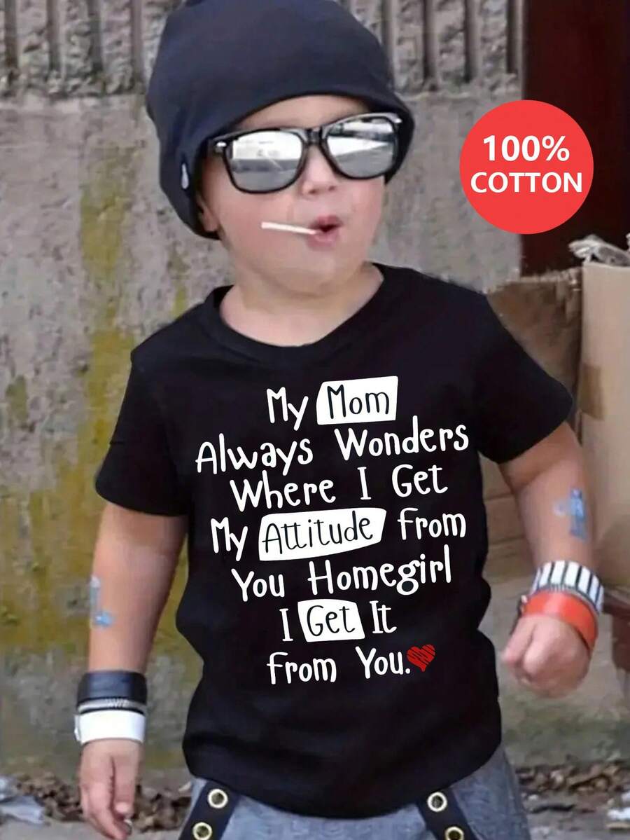 Camiseta 100% - Mi mamá siempre se pregunta de dónde saco mi actitud, estampado divertido, camiseta cómoda casual de manga corta con cuello redondo, ropa casual y camiseta con estampado dive - Negro - Ver 1