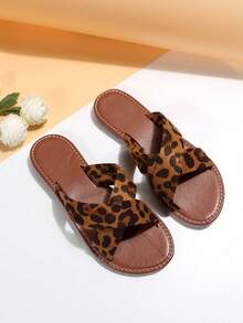 New Plus Size Women's Comfortable Minimalist Round Toe Open Toe Diagonal Parallel Double Strap Flat Slides Sandals Casual Fashion Outdoor Vacation Beach Summer Shoes - Brown - View 5
