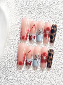 10 piezas de uñas postizas de estilo retro hechas a mano, set de uñas de polygel, estrella de cinco puntas y cereza, esmalte de uñas rojo, azul, marrón y plateado, estilo casual, incluye herramientas para uñas, 3 tamaños disponibles, pato, ataúd, almendra, uñas con brillo para fiesta, baile, uso diario. - Multicolor - Ver 4