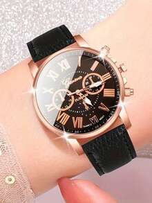 6pcs Fashion PU Leather Strap Alloy Quartz Watch Set - Black - View 3