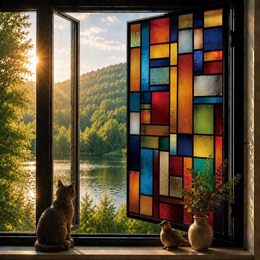 1PC Plaid Window Glass Static Sticker, Removable Privacy Colored Decorative Film, Suitable For Home And Office Bathroom Balcony, Sunshade Sticker, PVC Waterproof, Beautify Glass Window Decor Home Decoration (No Glue) - 1PC - View 1
