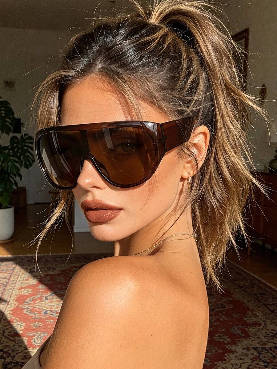 1 Pair Unisex Black Large Frame Y2K Style Fashion Glasses, Fashionable Beach Driving Glasses, Beach Accessories Glasses, Street Style, Suitable For Pairing With Sweaters, Jackets, Hoodies, Leather Pants And Cargo Pants, Y2K Style, Suitable For Summer Beach Vacation, Outdoor Activities And Travel - Brown - View 1