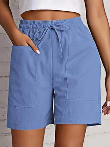New 2026 Model: [Drawstring Shorts] 2-Piece Women's Casual Shorts Set With Drawstring And Pockets In Solid Color - Blue+Orange - View 2