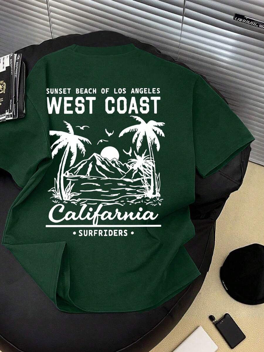 Simple Casual T-Shirt For Boys, Summer Beach Style With Mountain Sea And Tree Pattern, Round Neck, Short Sleeve, New Summer Short Sleeve Top For Young Children - 綠色 - 查看 1
