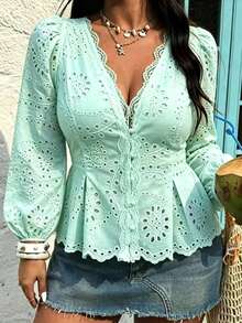 Plus Size Women's Casual Commuter Blouse, Mint Green Embroidered Fabric With Lace Trim, Mushroom Button, Ruched Waist, Single Layer Sleeve, Elegant Vacation Wear - Mint Green - View 5