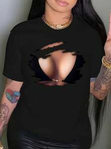 Una elegante y cómoda camiseta casual de manga corta y cuello redondo para mujer. - Negro - Ver 1