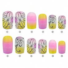 Finger Queen Short Square Floral Pink Yellow False Nails 24pcs Card - Floral Rosa Amarelo - View 3
