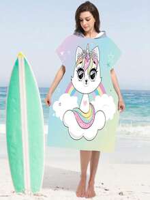1pc Rainbow Unicorn & Blue Polka Dot Kitten Print Polyester Hooded Poncho, Oversized Beach Towel - Vibrant Unicorn Design, Beach Wrap, Soft & Durable Polyester Robe, Suitable For Swimming, Travel And Beach Vacation, Unisex Bathrobe, Beach Towel, Women Robe, Travel Decor, Casual Decor - Multicolor - View 8