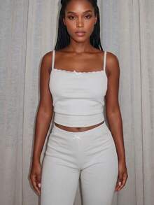 Women's Summer Ribbed Lace Patchwork Bowknot Cropped Camisole And Shorts 2 Pieces Fitted Sexy Outfit White Elegant - White - View 2