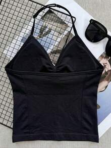 女款瑜伽運動內衣無袖短版運動上衣，彈性健身運動背心，透氣粉色夏季休閒黑色 - 黑色 - 查看 3